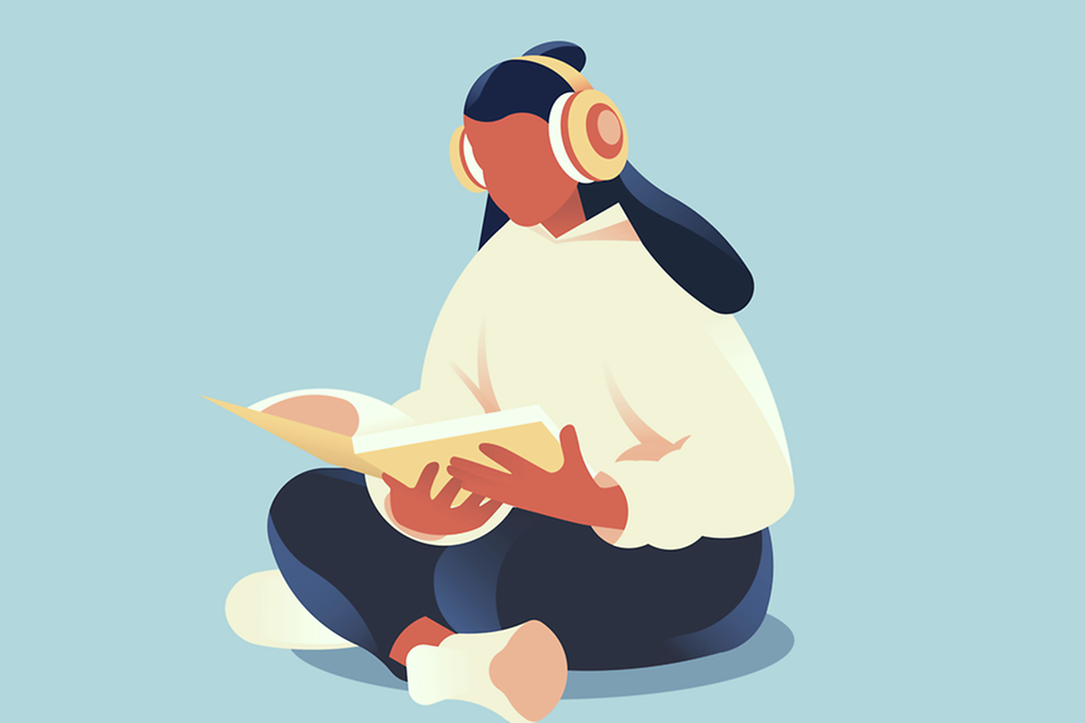 Illustration: Frau mit Kopfhörern liest Buch