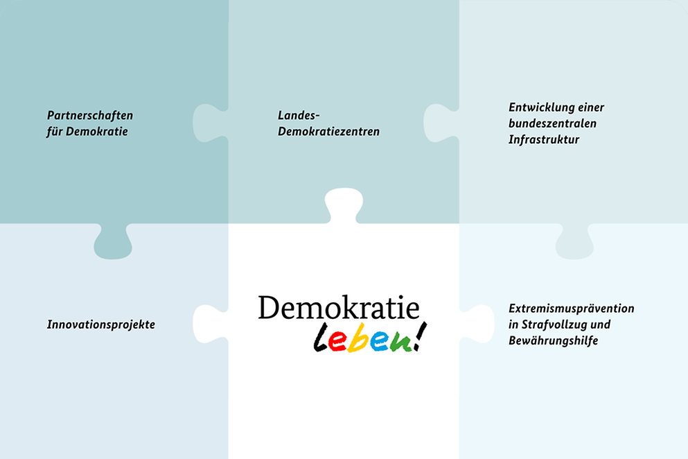 Grafik: Puzzle mit 2 x 3 Teilen, auf ihnen die Namen der Programmbereiche und "Demokratie leben!"